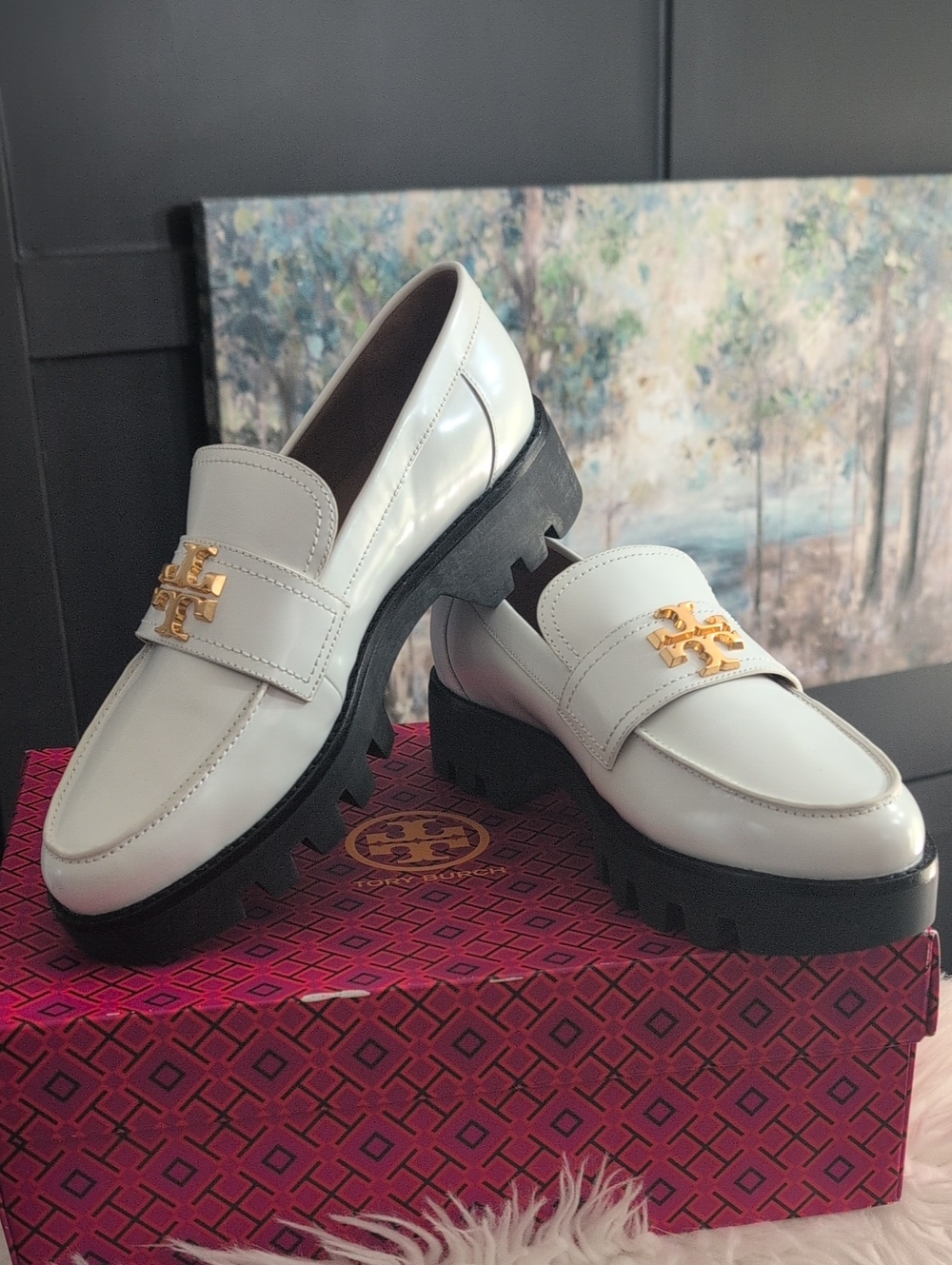 Tory Burch White Leather Chunky Sole Loafers with Gold Logo